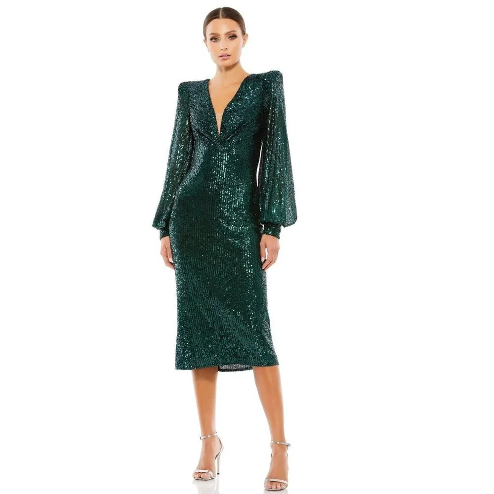 NWT Mac Duggal Sequined Structured Bishop Sleeve Midi Dress Black Emerald #8480